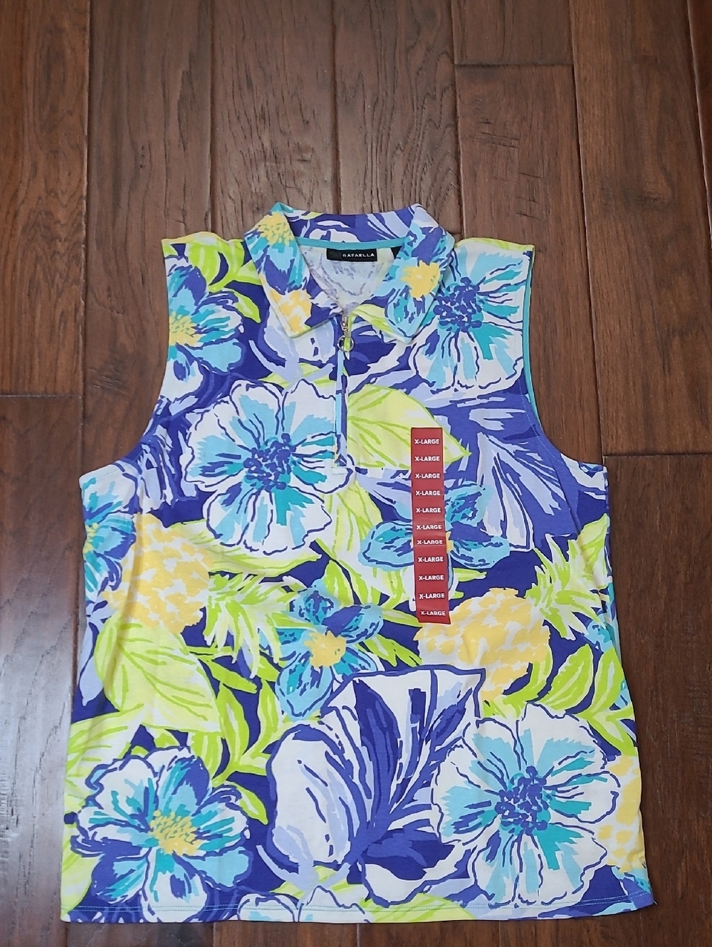 NWT Rafaella Sleeveless Blue & Yellow Floral Print Zip Neck Top size XL